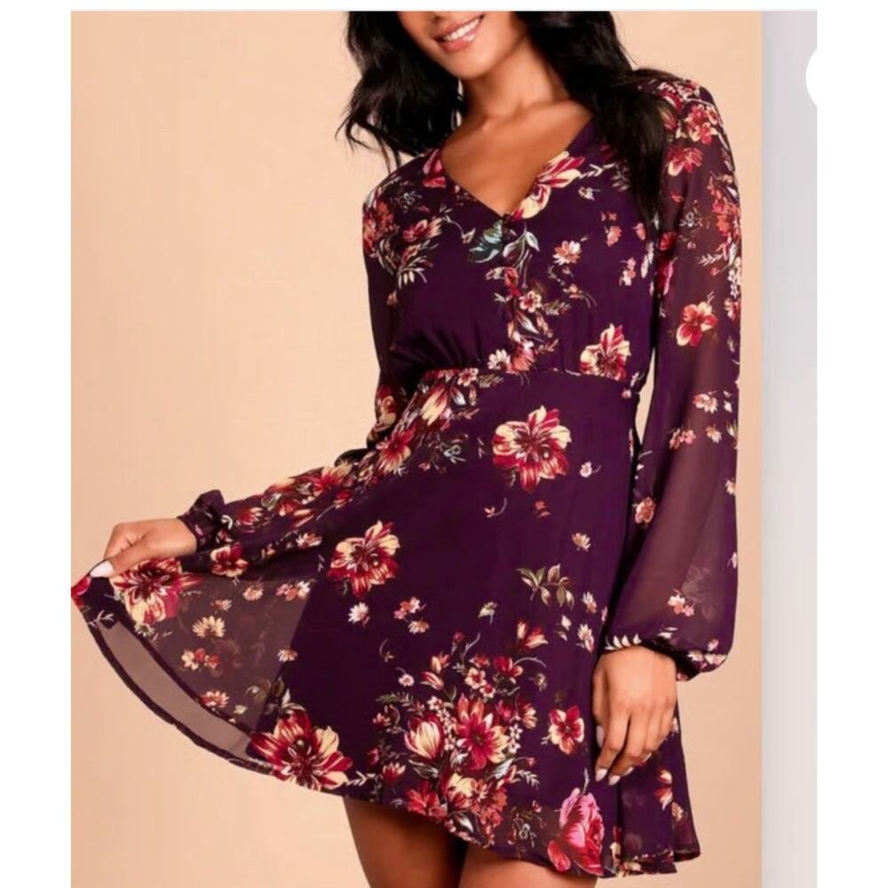 Lulus Always Yours Plum Purple Floral Print‎ Long Sleeve Skater Dress Size Small